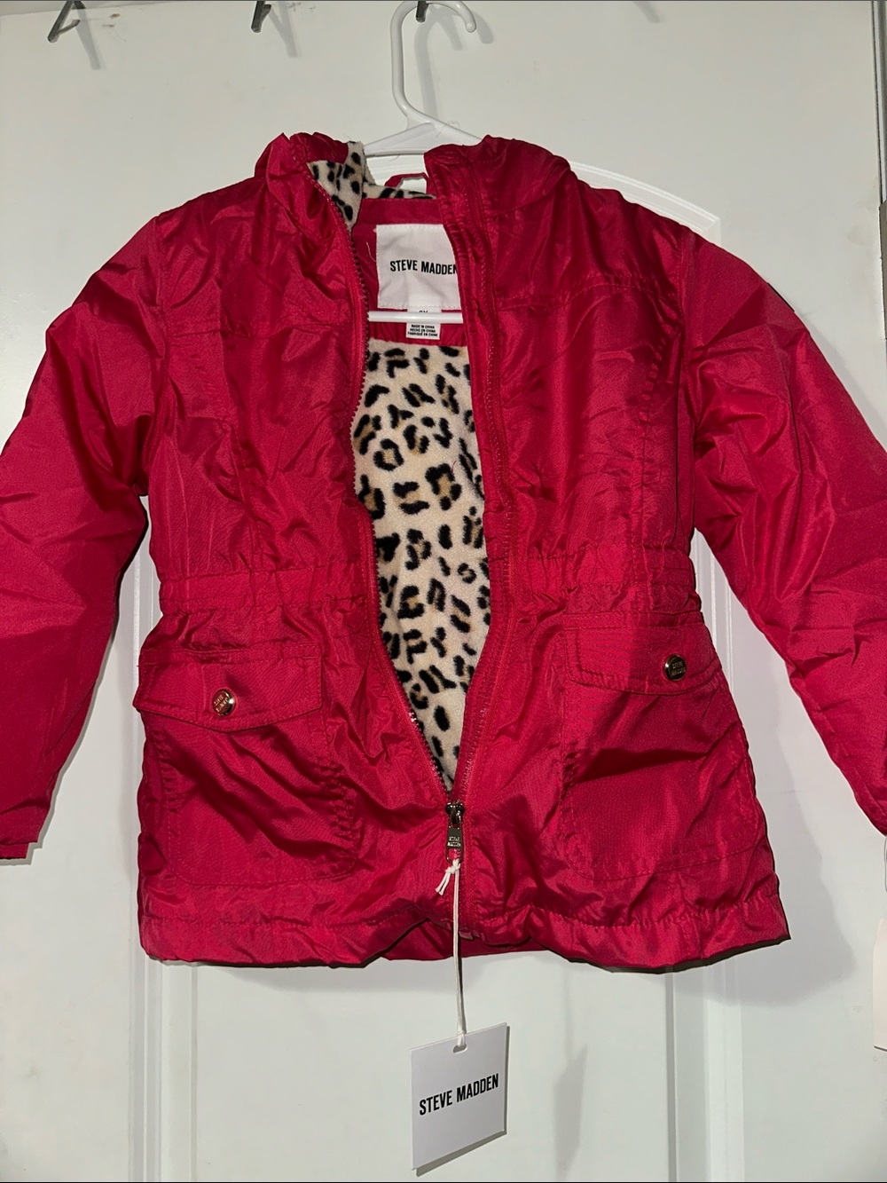 Steve Madden Girls Hot Pink Puffer Jacket with Leopard Faux Fur